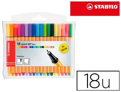 18 rotuladores Stabilo Point 88 mini colores surtidos, 5 neón